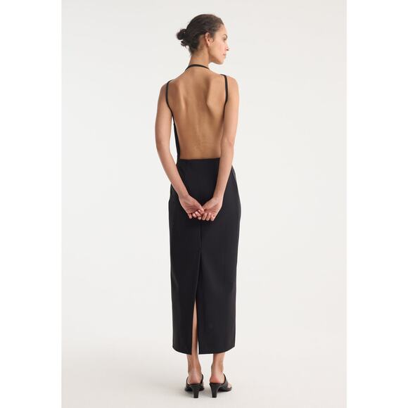 ROHE Black Open Back High Neckline Tie Strap Detail Floor Length Back Slit Dress - Picture 2 of 16
